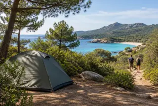 Camping corse entre maquis méditerranéen, sentier boisé et baie turquoise près de Porto-Vecchio.
