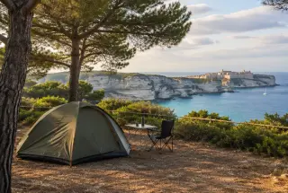 Tente dans un camping ombragé avec les falaises et la citadelle de Bonifacio en arrière-plan