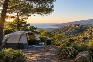 Tente familiale dans un camping ombragé de Balagne, avec un village perché et la mer Méditerranée en arrière-plan.